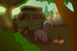 Size: 1800x1200 | Tagged: safe, artist:pony quarantine, trixie, pony, unicorn, g4, bedford rascal, bush, camper, camper van, campfire, camping, cape, clothes, clothes line, coffee, coffee mug, coffee pot, female, forest, kettle, laundry, mare, mug, nightgown, sleepy, solo, tree, trixie's cape, yawn