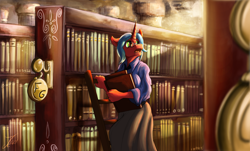 Size: 1750x1056 | Tagged: safe, artist:jamescorck, oc, oc only, unicorn, anthro, book, bookshelf, breasts, clothes, commission, digital art, female, glasses, horn, ladder, librarian, library, open mouth, shirt, skirt, solo