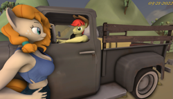 Size: 1207x695 | Tagged: safe, artist:robertwtf, bright mac, pear butter, earth pony, anthro, g4, 3d, breasts, busty pear butter, female, hand on hip, looking at each other, looking at someone, male, nexgen, ship:brightbutter, shipping, sideboob, source filmmaker, straight, vehicle