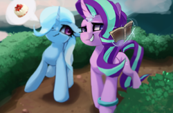 Size: 3187x2087 | Tagged: safe, artist:rainsketch, starlight glimmer, trixie, pony, unicorn, g4, book, cake, curved horn, duo, food, high res, horn, pictogram