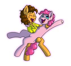 Size: 646x594 | Tagged: safe, artist:beefgummies, cheese sandwich, pinkie pie, earth pony, pony, g4, bridal carry, carrying, chest fluff, clothes, curly mane, duo, eyes closed, female, looking sideways, male, mare, raised hoof, ship:cheesepie, shipping, shirt, simple background, stallion, straight, white background