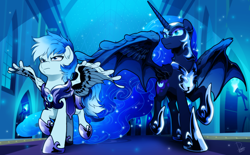 Size: 4000x2480 | Tagged: safe, artist:dormin-dim, nightmare moon, oc, oc:sports news, alicorn, pegasus, pony, g4, armor, castle, commission, duo, female, frown, guardsmare, high res, mare, night, pegasus oc, royal guard, spread wings, wings, ych result