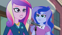 Size: 3410x1920 | Tagged: safe, screencap, dean cadance, princess cadance, princess luna, vice principal luna, equestria girls, g4, my little pony equestria girls: friendship games, canterlot high, duo focus, female, high res, microphone, offscreen character