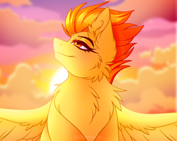 Size: 2500x2000 | Tagged: safe, artist:chromatic-sheen, spitfire, pegasus, pony, g4, cheek fluff, chest fluff, cloud, female, high res, looking up, mare, solo, sunset, wing fluff, wings