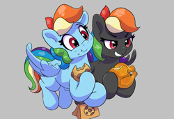 Size: 737x504 | Tagged: safe, artist:pabbley, rainbow dash, oc, oc:dark rainbow dash, bird, pegasus, pony, turkey, g4, aggie.io, cooked, cookie, duality, eating, female, flying, food, mare, meat, ponies eating meat, simple background, smiling