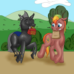Size: 1280x1280 | Tagged: safe, artist:termyotter, oc, oc:macrophage, oc:sunlight gear, changeling, pony, happy meal, male, mouth hold, silly changeling, stallion