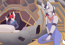 Size: 4000x2800 | Tagged: safe, artist:chapaevv, oc, oc only, oc:halbes, oc:the ted, robot, unicorn, zebra, anthro, clothes, duo, eyes closed, looking at you, mechwarrior, patreon, patreon reward, waving at you
