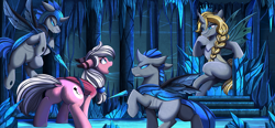 Size: 3717x1729 | Tagged: safe, artist:pridark, oc, oc only, oc:bipen, bat pony, changeling, changeling queen, pony, armor, bat pony oc, bat wings, changeling queen oc, commission, detailed background, female, helmet, horn, mare, spear, throne, weapon, wings, yellow changeling