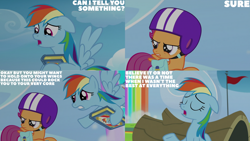 Size: 1280x720 | Tagged: safe, edit, edited screencap, editor:quoterific, screencap, rainbow dash, scootaloo, pegasus, pony, g4, parental glideance, season 7, bag, duo, eyes closed, female, filly, floppy ears, flying, foal, helmet, mare, open mouth, saddle bag, spread wings, text, wings