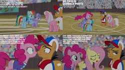 Size: 1280x720 | Tagged: safe, edit, edited screencap, editor:quoterific, screencap, clear sky, fluttershy, pinkie pie, quibble pants, rainbow dash, wind sprint, earth pony, pegasus, pony, unicorn, common ground, g4, season 9, boop, eyes closed, female, filly, foal, male, mare, noseboop, open mouth, smiling, stallion, text