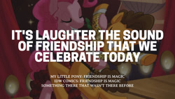 Size: 1280x720 | Tagged: safe, edit, editor:quoterific, idw, cheese sandwich, pinkie pie, earth pony, pony, g4, duo, eyes closed, female, grin, male, mare, smiling, something there that wasn't there before, stallion, text