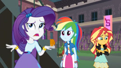 Size: 3410x1920 | Tagged: safe, screencap, rainbow dash, rarity, sunset shimmer, equestria girls, g4, my little pony equestria girls: friendship games, bracelet, canterlot high, clothes, crossed arms, cutie mark on clothes, female, hairpin, high res, jacket, jewelry, leather, leather jacket, male, open mouth, trio, trio female