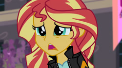 Size: 3410x1920 | Tagged: safe, screencap, sunset shimmer, equestria girls, g4, my little pony equestria girls: friendship games, canterlot high, clothes, female, high res, jacket, leather, leather jacket, open mouth, solo