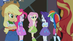 Size: 3410x1920 | Tagged: safe, screencap, applejack, fluttershy, pinkie pie, rainbow dash, rarity, sunset shimmer, equestria girls, g4, my little pony equestria girls: friendship games, applejack's hat, belt, boots, bracelet, clothes, cowboy hat, crossed arms, cutie mark on clothes, denim skirt, female, hairpin, hat, high res, humane five, jewelry, shoes, skirt, sleeveless