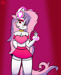 Size: 2094x2538 | Tagged: safe, artist:toxinagraphica, sweetie belle, unicorn, anthro, unguligrade anthro, g4, alternate hairstyle, boots, bra, bracelet, breasts, cheek fluff, chest fluff, clothes, cosplay, costume, crop top bra, crossover, ear fluff, eyelashes, eyeshadow, female, fluffy, fluffy mane, gloves, hand, headphones, heart, heart eyes, high res, horn, jewelry, makeup, mare, microphone, miss heed, necklace, red background, shoes, signature, simple background, skirt, socks, solo, thigh boots, thigh highs, underwear, villainous, wingding eyes