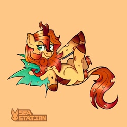 Size: 1440x1440 | Tagged: safe, artist:seasemissary, oc, oc:mayfly, hybrid, female, magical lesbian spawn, offspring, orange background, parent:autumn blaze, parent:queen chrysalis, simple background, solo