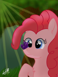 Size: 1200x1600 | Tagged: safe, artist:cobaltskies002, pinkie pie, butterfly, earth pony, pony, g4, butterfly on nose, female, forest, forest background, grass, insect on nose, mare, solo, sunlight, tree