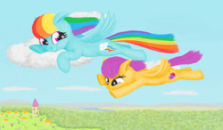 Size: 1200x699 | Tagged: safe, artist:xodok, rainbow dash, scootaloo, pegasus, pony, series:ponyashnost, g4, cloud, scenery, scootaloo can fly, wings