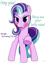 Size: 3500x4800 | Tagged: safe, artist:dacaoo, starlight glimmer, pony, unicorn, g4, blushing, implied twilight sparkle, looking at you, magic, offscreen character, raised hoof, simple background, solo, text, transparent background, underhoof