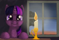 Size: 981x673 | Tagged: safe, artist:xodok, twilight sparkle, pony, unicorn, series:ponyashnost, g4, candle, horn, looking at you, smiling, window