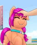 Size: 2000x2400 | Tagged: safe, artist:rivin177, part of a set, sunny starscout, earth pony, human, pony, g5, bag, commission, cute, daaaaaaaaaaaw, hand, head pat, hooves up, human on pony petting, maretime bay, one ear down, pat, petting, smiling, sunnybetes, your character here