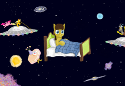 Size: 1002x685 | Tagged: safe, artist:xodok, applejack, discord, pinkie pie, oc, draconequus, earth pony, pony, series:ponyashnost, g4, bed, cup, earth, flower, galaxy, planet, space, stars, table, ufo