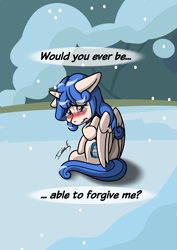Size: 2481x3508 | Tagged: safe, artist:memprices, oc, oc only, oc:heart love, oc:princess heart love, alicorn, pony, blushing, blushing profusely, crying, eyebrows, eyebrows visible through hair, frown, high res, rear view, sad, sitting, snow, snowfall, teary eyes, text, wings