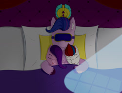 Size: 1280x972 | Tagged: safe, artist:drakang1, pipp petals, queen haven, zipp storm, pegasus, pony, g5, bed, eyepatch, eyes closed, female, lying down, mare, mother and child, mother and daughter, on back, pillow, sleep mask, sleeping, smiling, tongue out, trio, trio female