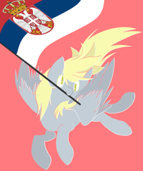 Size: 500x600 | Tagged: safe, artist:clair, edit, derpy hooves, pegasus, pony, g4, female, flag, full body, lineless, logo, mare, mouth hold, pink background, serbia, simple background, solo, spread wings, wings