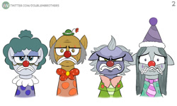 Size: 904x540 | Tagged: safe, artist:doublewbrothers, cloudy quartz, igneous rock pie, limestone pie, marble pie, earth pony, pony, g4, cloudy quartz is not amused, clown, clown makeup, clown nose, do i look angry, female, floppy ears, frown, glasses, hat, limestone pie is not amused, male, mare, party hat, pie family, pie sisters, red nose, sad, siblings, simple background, sisters, stallion, unamused, wavy mouth, white background