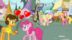Size: 1280x720 | Tagged: safe, artist:mlplary6, cheese sandwich, cherry berry, discord, fluttershy, pinkie pie, draconequus, earth pony, pegasus, pony, g4, balloon, boyfriend and girlfriend, female, friends, heart, heart balloon, male, mare, plushie, ship:cheesepie, ship:discoshy, shipping, smiling, stallion, straight, target, teddy bear