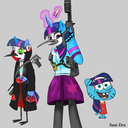 Size: 1414x1414 | Tagged: safe, artist:samueldavillo, twilight sparkle, equestria girls, g4, abomination, akatsuki, crossover, crossover shipping, female, fusion, fusion:mordetwi, grenade, gun, looking at you, male, mordecai, mordetwi, naruto, radio, regular show, scouter, shipping, simple background, spongebob squarepants, straight, the amazing world of gumball, trio, wat, we have become one, weapon, zero two (darling in the franxx)