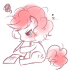 Size: 500x500 | Tagged: safe, pinkie pie, earth pony, pony, ask young pinkamena, g4, book, cute, cuteamena, emanata, female, filly, foal, korean, looking at something, mouth hold, pen, pinkamena diane pie, sitting, younger