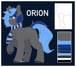Size: 2538x2225 | Tagged: safe, artist:liefsong, oc, oc:orion, pony, unicorn, clothes, commission, cutie mark, high res, reference sheet, scarf, unshorn fetlocks