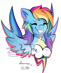 Size: 2800x3354 | Tagged: safe, artist:starki-galactic, rainbow dash, pegasus, pony, g4, bust, chest fluff, cutie mark, eyes closed, female, grin, high res, mare, simple background, smiling, solo, spread wings, watermark, white background, wings