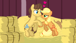 Size: 1280x720 | Tagged: safe, artist:mlplary6, applejack, caramel, earth pony, pony, g4, boyfriend and girlfriend, female, hay, hay bale, looking at each other, male, mare, ship:carajack, shipping, smiling, smiling at each other, snuggling, stallion, straight