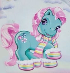 Size: 255x267 | Tagged: safe, minty, earth pony, pony, g3, official, backcard, booties, clothes, cute, g3betes, green coat, mintabetes, outdoors, pink mane, purple eyes, raised hoof, scarf, simple background, snow, socks, solo, striped scarf, striped socks, that pony sure does love socks