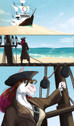 Size: 824x1400 | Tagged: safe, artist:sunny way, oc, oc only, oc:sunny way, horse, anthro, anthro horse, anthro oc, comic, comic page, desert, dune, eye clipping through hair, eyebrows, eyebrows visible through hair, female, freedom, grin, hero, mare, money, ocean, outdoors, patreon, payoneer, pirate, sailship, ship, smiling, solo, water