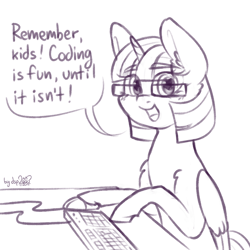 Size: 1024x1024 | Tagged: safe, artist:dsp2003, twilight sparkle, alicorn, pony, g4, alternate hairstyle, comic, computer mouse, dialogue, female, glasses, keyboard, looking at you, mare, monochrome, open mouth, programming, signature, simple background, single panel, sketch, solo, speech bubble, truth, twilight sparkle (alicorn), white background