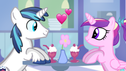 Size: 1280x720 | Tagged: safe, artist:mlplary6, princess cadance, shining armor, alicorn, pony, unicorn, g4, boyfriend and girlfriend, colt, colt shining armor, female, filly, filly cadance, flower, heart, looking at each other, male, mare, milkshake, smiling, smiling at each other, stallion, straight, teen princess cadance, younger