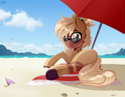 Size: 4500x3500 | Tagged: safe, artist:rainbowfire, oc, oc only, earth pony, pony, :3, :p, beach, cloud, cute, female, glasses, heat, horizon, island, looking at you, ocean, resting, sky, smiling, solo, summer, sun, tongue out, umbrella, vacation, water