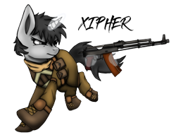 Size: 1466x1120 | Tagged: safe, artist:xipher, oc, oc only, oc:dossier, pony, unicorn, fanfic:shadow of equestria, action pose, ak-74, angry, assault rifle, black hair, boots, clothes, fanfic art, focused, gray coat, gun, levitation, magic, rifle, running, s.t.a.l.k.e.r., scarf, shoes, simple background, solo, telekinesis, transparent background, weapon