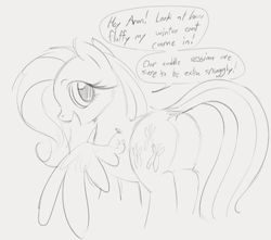 Size: 1153x1018 | Tagged: safe, artist:dotkwa, fluttershy, pegasus, pony, g4, butt, cute, dock, female, fluffy, flutterbutt, gray background, grayscale, implied anon, looking at you, looking back, looking back at you, mare, monochrome, pencil drawing, plot, shyabetes, simple background, solo, speech bubble, tail, talking to viewer, traditional art