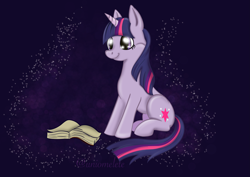 Size: 4093x2894 | Tagged: safe, artist:uniomelete, twilight sparkle, pony, unicorn, g4, book, cute, female, mare, sitting, smiling, solo, sparkles, twiabetes, unicorn twilight