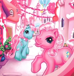 Size: 566x583 | Tagged: safe, minty, pinkie pie (g3), earth pony, pony, a very pony place, g3, official, positively pink, balloon, big lips, cropped, flower, hot air balloon, perfectly pink, pink hair, raised hoof, rose, town, walking away