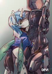 Size: 2000x2824 | Tagged: safe, artist:devi_shade, oc, oc only, oc:icefumy, changedling, changeling, pony, unicorn, fallout equestria, armor, changeling oc, high res, power armor, solo