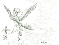 Size: 1400x1059 | Tagged: safe, artist:baron engel, derpy hooves, rainbow dash, pegasus, pony, g4, broom, cloud, female, mare, monochrome, pencil drawing, sweeping, traditional art