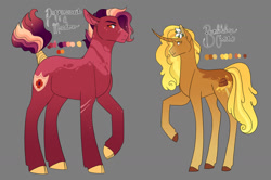 Size: 1280x850 | Tagged: safe, artist:felinenostalgic, oc, oc only, oc:bumblebee comet, oc:poppysweet meadow, earth pony, pony, unicorn, brother and sister, coat markings, duo, female, flower, flower in hair, freckles, gray background, height difference, male, mare, offspring, parent:big macintosh, parent:twilight sparkle, parents:twimac, siblings, simple background, stallion