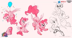 Size: 2048x1080 | Tagged: safe, artist:imalou, boulder media, pinkie pie, pegasus, pony, g5, my little pony: a new generation, balloon, behind the scenes, boulder media logo, concept art, female, g5 concept leaks, hasbro, hasbro logo, logo, mare, my little pony: a new generation logo, netflix, netflix logo, party balloon, pegasus pinkie pie, pinkie pie (g5 concept leak), race swap, solo