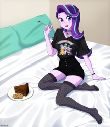 Size: 972x1125 | Tagged: safe, artist:riouku, starlight glimmer, equestria girls, g4, bed, bedroom, blanket, cake, chocolate, choker, clothes, commission, cookie, cute, female, fishnet stockings, food, glimmerbetes, open mouth, pillow, plate, shirt, shorts, solo, spoon, stocking feet, stockings, t-shirt, thigh highs, wristband